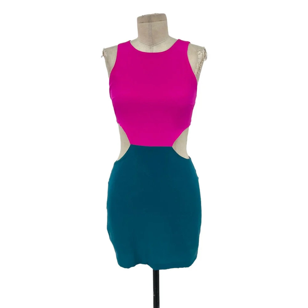 Naven 2-Tone Silk Colorblock Side Cut-Out High Neck Silk Mini Dress Size Small